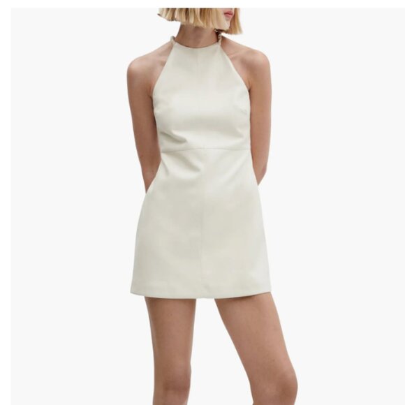 NWT MANGO FAUX LEATHER MINI DRESS LIGHT BEIGE - Picture 1 of 9